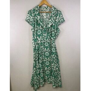 Eva Mendes Green White Floral Print Midi Wrap Dress‎ Size 14